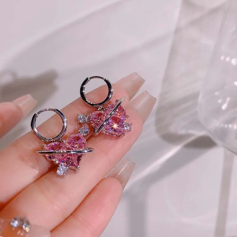 Korean Pink Zircon Peach Heart Drop Earrings For Women Egirl Punk Crystal Planet Earrings Aesthetic Y2K Jewelry Accessories