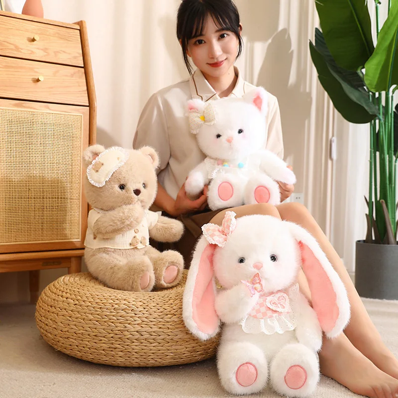 ตุ๊กตา plushie รูปกระต่ายหมีและแมวตัวใหญ่สีขาวนุ่มขนาด45ซม. ตุ๊กตานุ่มนิ่มยัดไส้รูปสัตว์หมอนของเล่นเด็กตุ๊กตาน่ากอดการตกแต่งบ้านน่ารัก