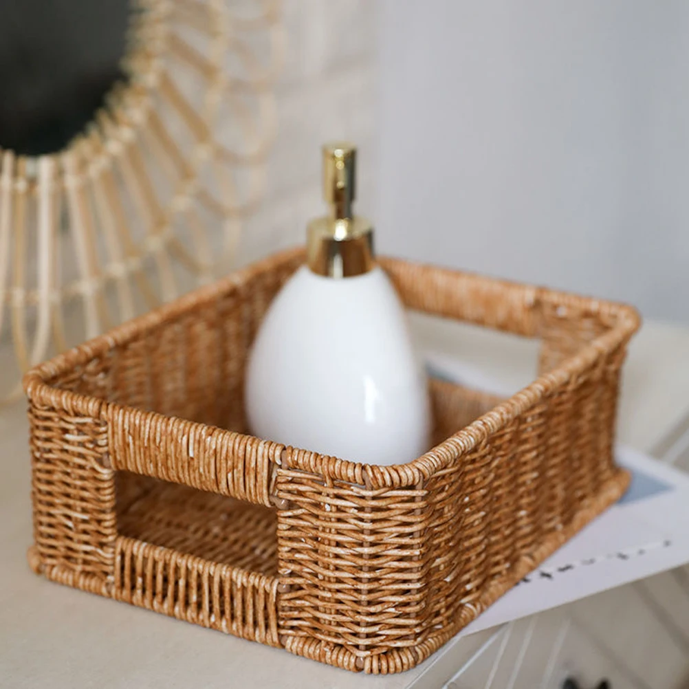 

Hollow Handle Woven Basket Imitation Rattan Desktop Sundries Organizer Storage Bin For Home Bedroom Bathroom