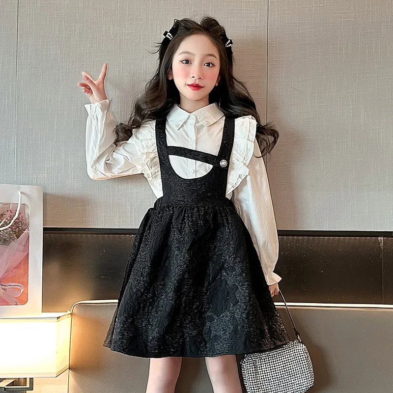 Korean Spring Autumn Children Girl 2PCS Clothes Set School Girl Long Sleeve Top+Suspender Skirt Prom Dress Junior Girl 2pcs Suit