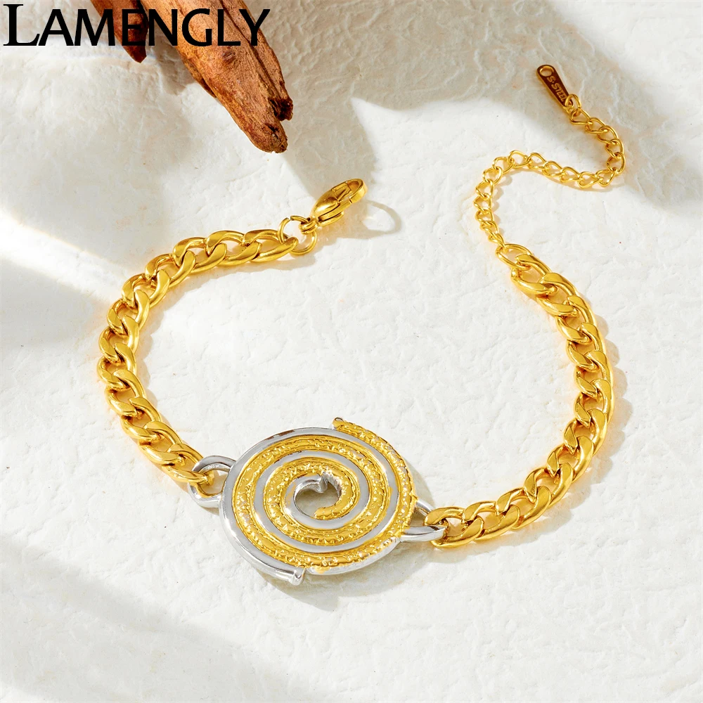 LAMENGLY 316L Stainless Steel Gold Silver Dual Color Spiral Disc Bracelet For Women Girl Temperament Chic Wrist Jewelry Gifts