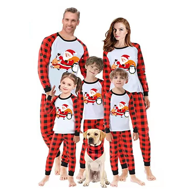 

Family Matching Christmas Pajamas Baby Romper Santa Penguin Elk Print Long Sleeve Tops Plaid Long Pants Sleepwear