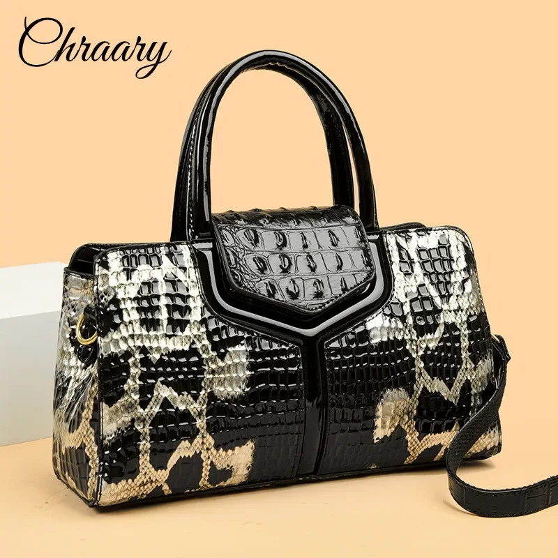 New Ladies Pantent Leather Handbag Advanced Snake Tote Bag European & American Fashion Shoulder Bag Retro Large Capacity Handbag