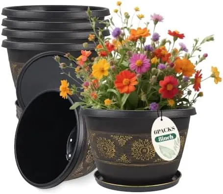 

6 Pack 8' Plant Pots with Drainage, Plastic Garden Pots for Indoor & Outdoor