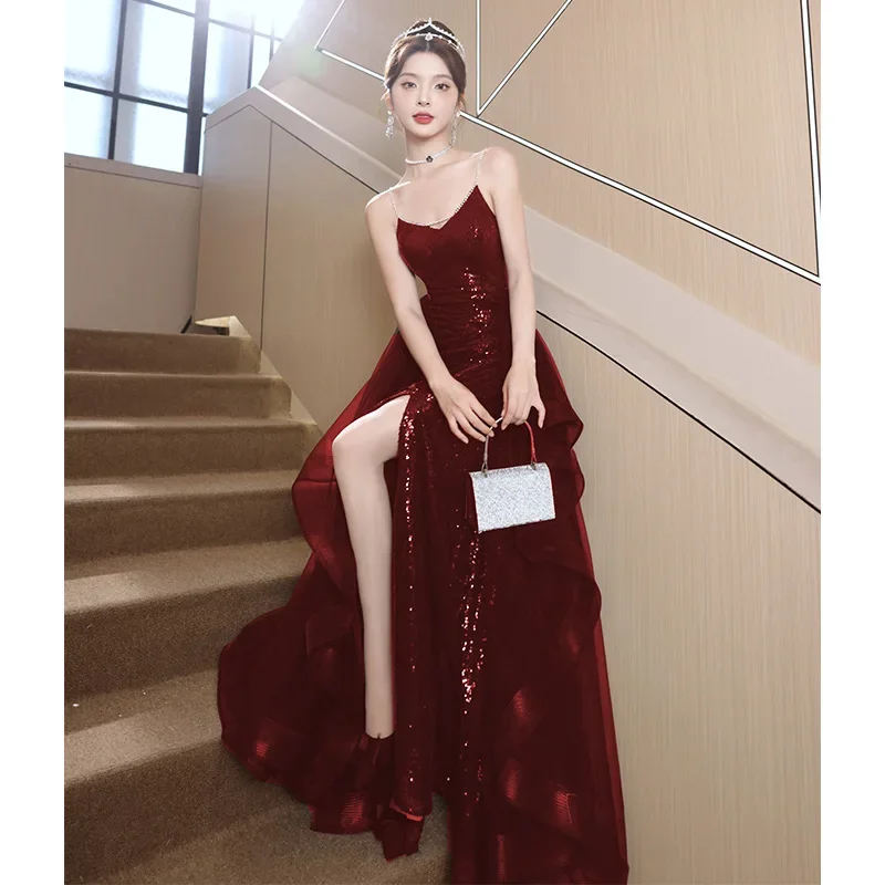 New wine sequined lady girl women princess banquet ball prom dress performance gown free ship  Sexy Strapless Waist High Evening