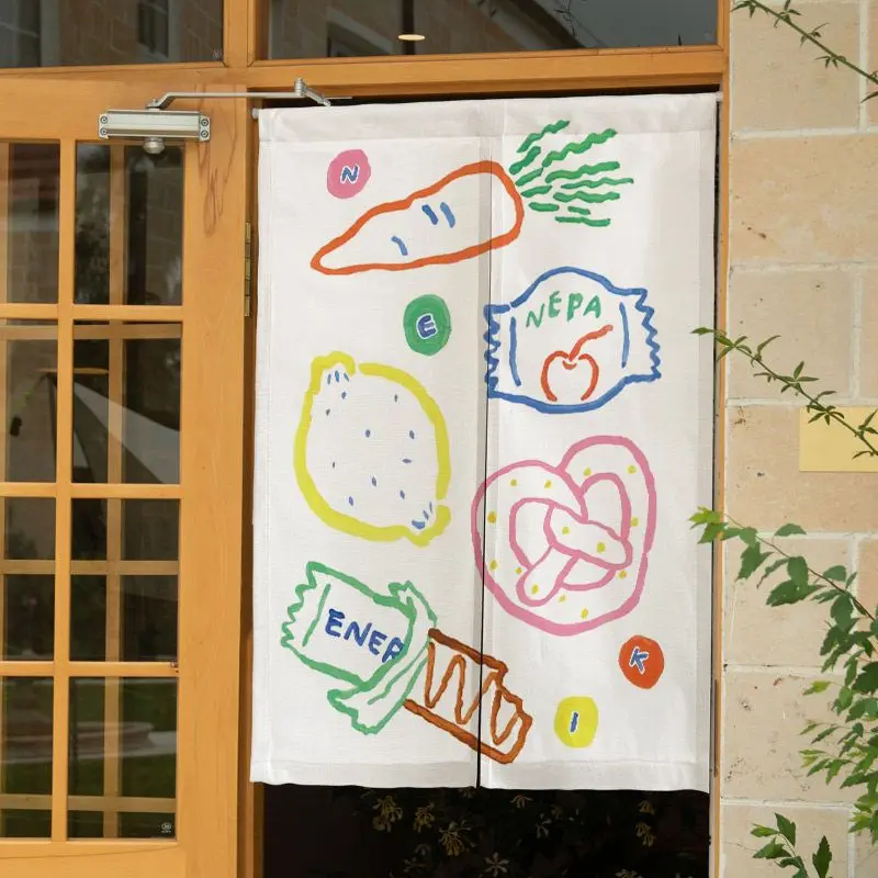 VIKAMA Hand‑drawn Fruit Snack Doodle Noren Split Door Curtain Room Divider Privacy Curtain for Kitchen Dorm Cute Home Decor