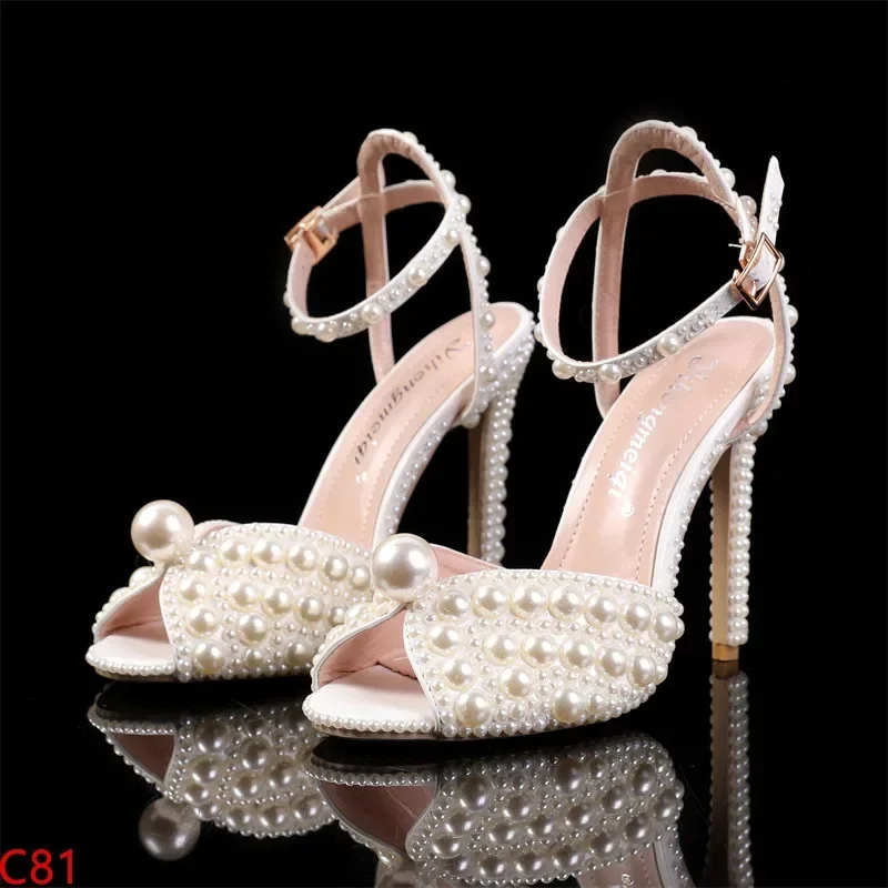 Women Sandals Fashion High Quality Wedding Shoes Women New Pearls Studs Luxury Peep Toe High Heels Buckle Woman Sandal 43