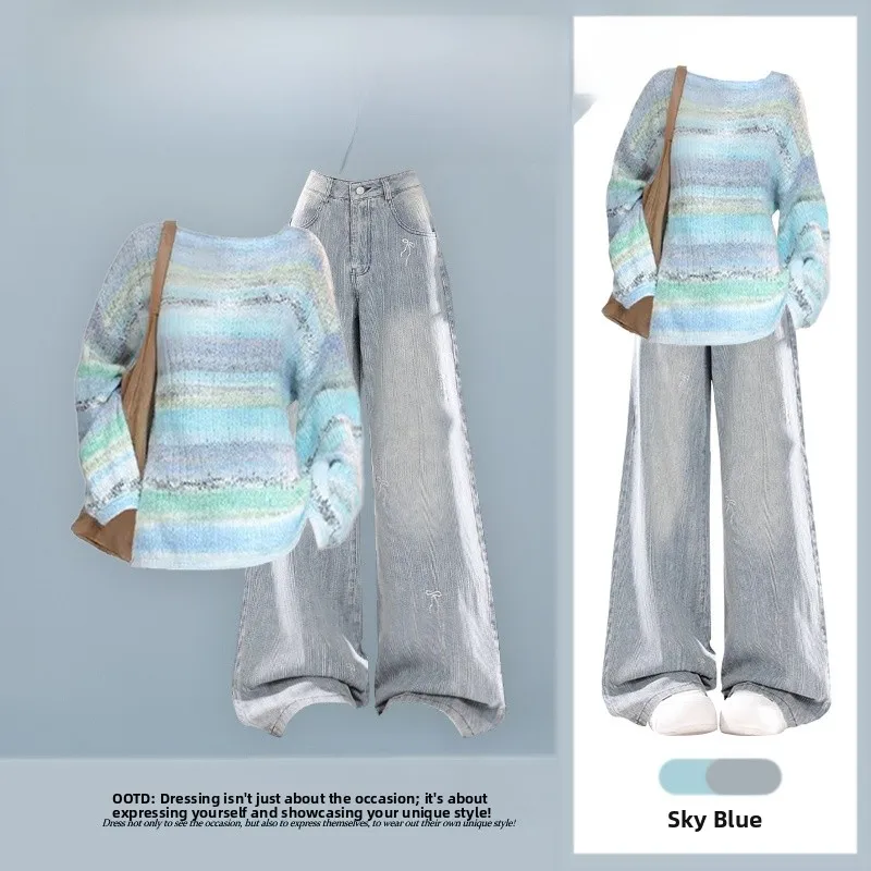 

Blue Striped Sweater High Waist Wide Leg Jeans Two Piece Set Women plus Size Slimming Faionable Spring Outfit Casual Wear