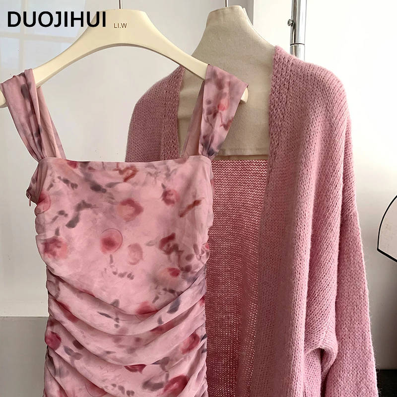 DUOJIHUI New Two Piece Pink Chicly Floral Female Dresses Sweet Loose Simple Elegant Fashion Slim Waist Zipper Casual Women Dress