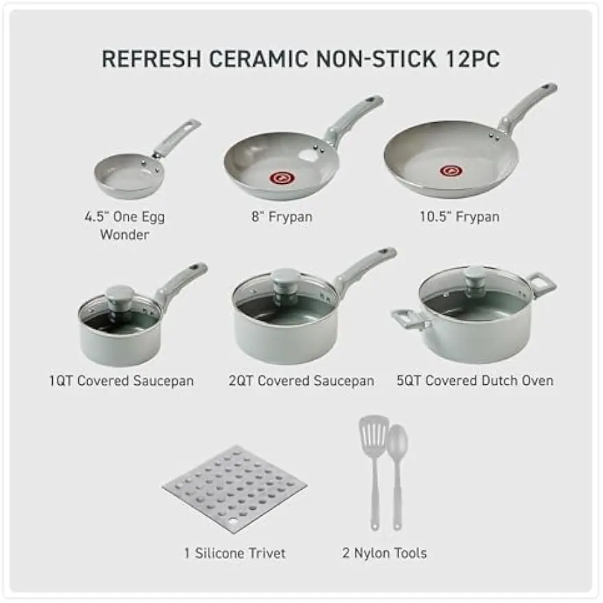 Ceramic Nonstick Pots Pans Set 12 Piece Moon Grey Refresh