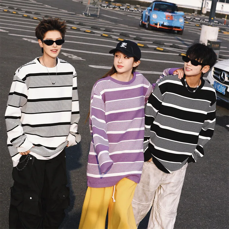 

Plus Size Striped Crew Neck Long Sleeve T-Shirt | 2025 Autumn Casual Layering Tee (M-5XL)