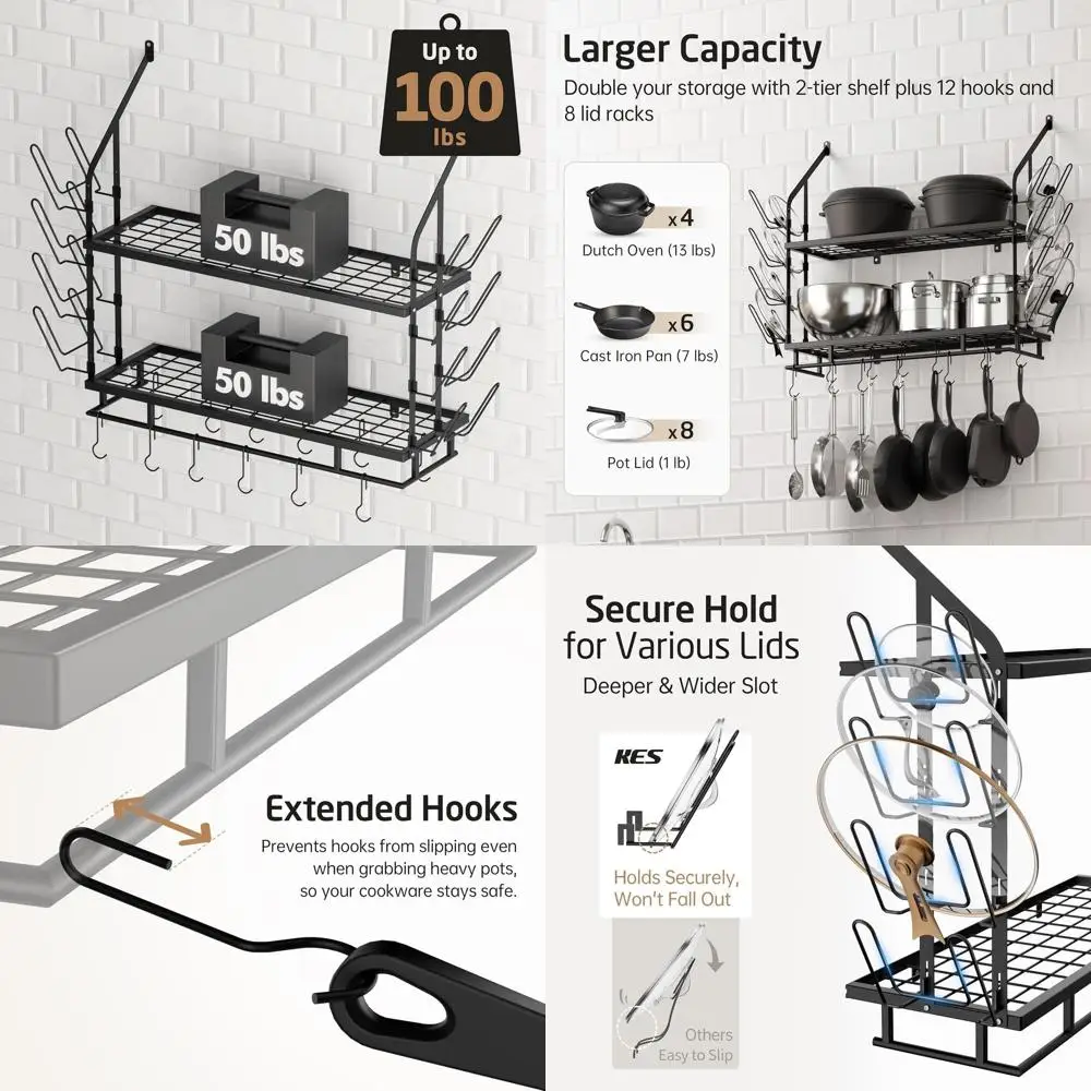 

30-Inch Wall-Mounted Pot Rack with 8 Lid Holders and 12 Hooks, 2-Tier Organizer for Kitchen Cookware Storage