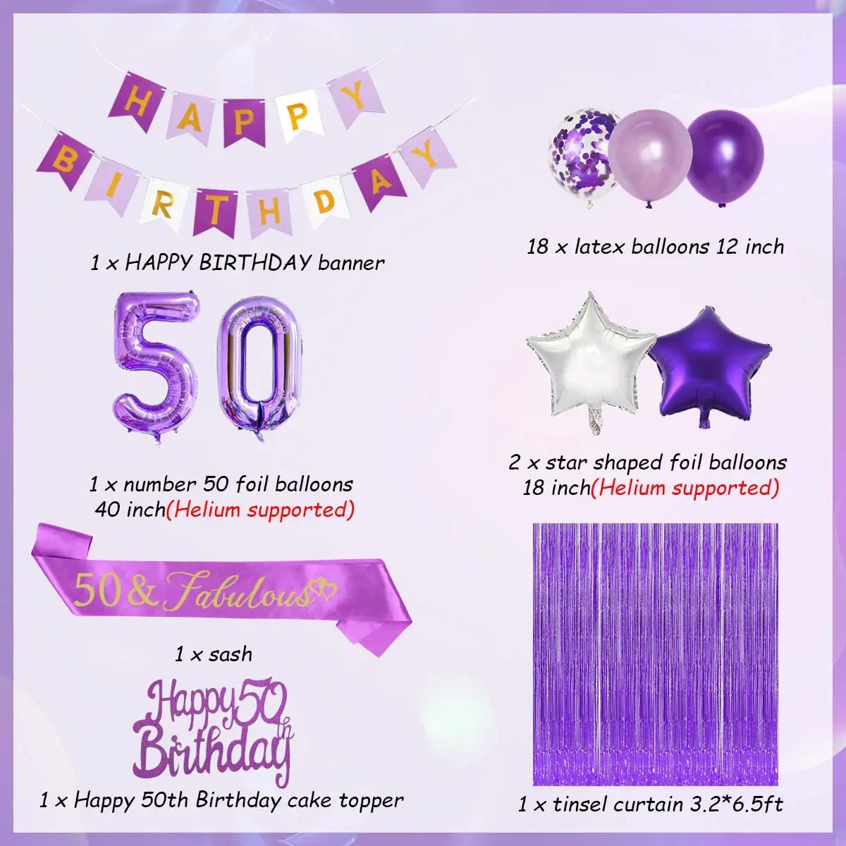 Imagem -02 - Feliz Aniversário Bolo Topper para Mulheres Aniversário Banner Star Foil Balões Decoração Roxa 50 e Fabulous Sash