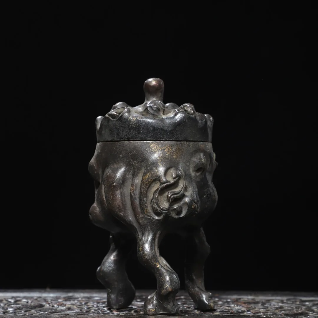Old Bronze Gilded Cinnabar Tree root texture Stump shaped three legged incense burner Town house Exorcism