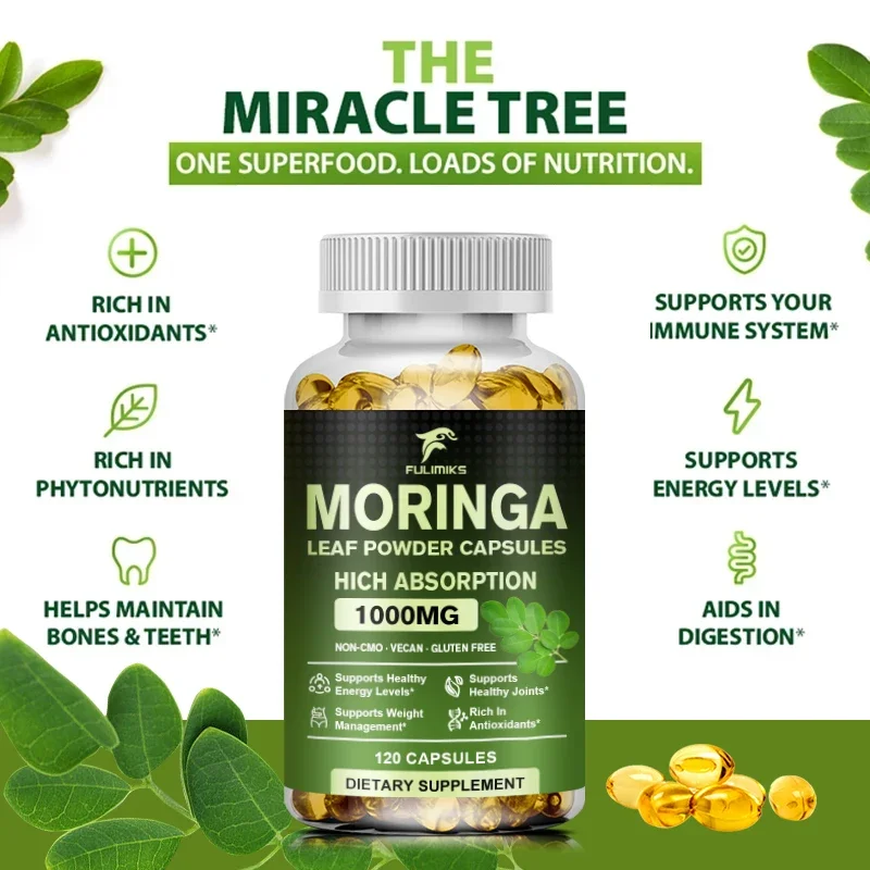 Pure Organic Moringa Oil Leaf Powder Capsules 1000mg, Immune System&Energy Booster - Vegetarian Supplements for Healthy Capsules