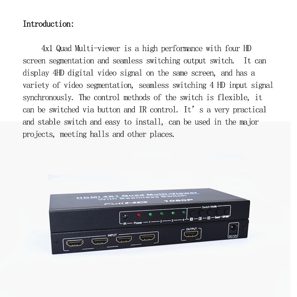 4X1 HDMI-compatibl Splitter Converter Quad Screen Real Time Multi-Viewer HDMI-compatibl Splitter Seamless Switcher 1080P 60Hz 3D