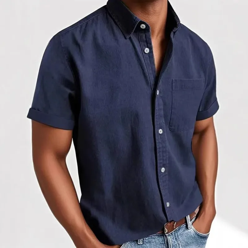 Summer Solid Lapel Single-Breasted Pocket Short Sleeve Washed Shirt Men's Casual Top