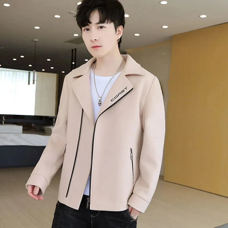 

Men Woolen Jacket Zipper Suit Collar Casual Trench Coat Ropa Hombre Spring Autumn Fashion Solid Manteaux Long Sleeve Outerwear