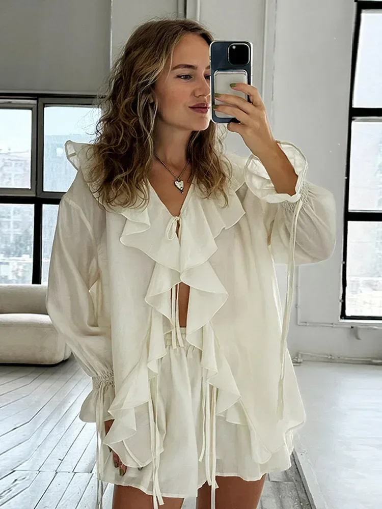 

Elegant Ruffle Solid Short Set Women Fashion V-neck Flare Long Sleeve Lace Up Shirt Suits Lady Drawstring Shorts Commute Outfit