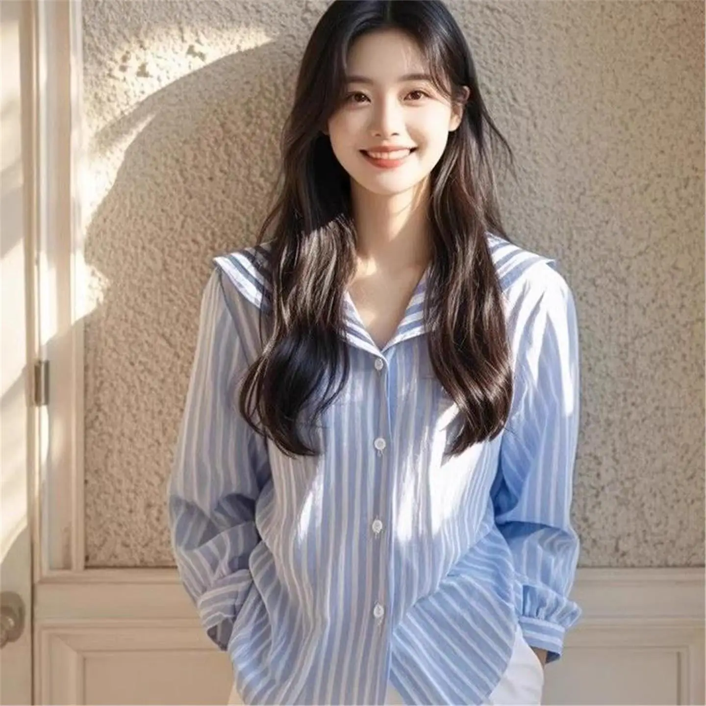 

Faionable Naval Collar irt Jaet Women's Autumn New Sle Premium Top Striped Button Ele Chinese Sle Long Sve