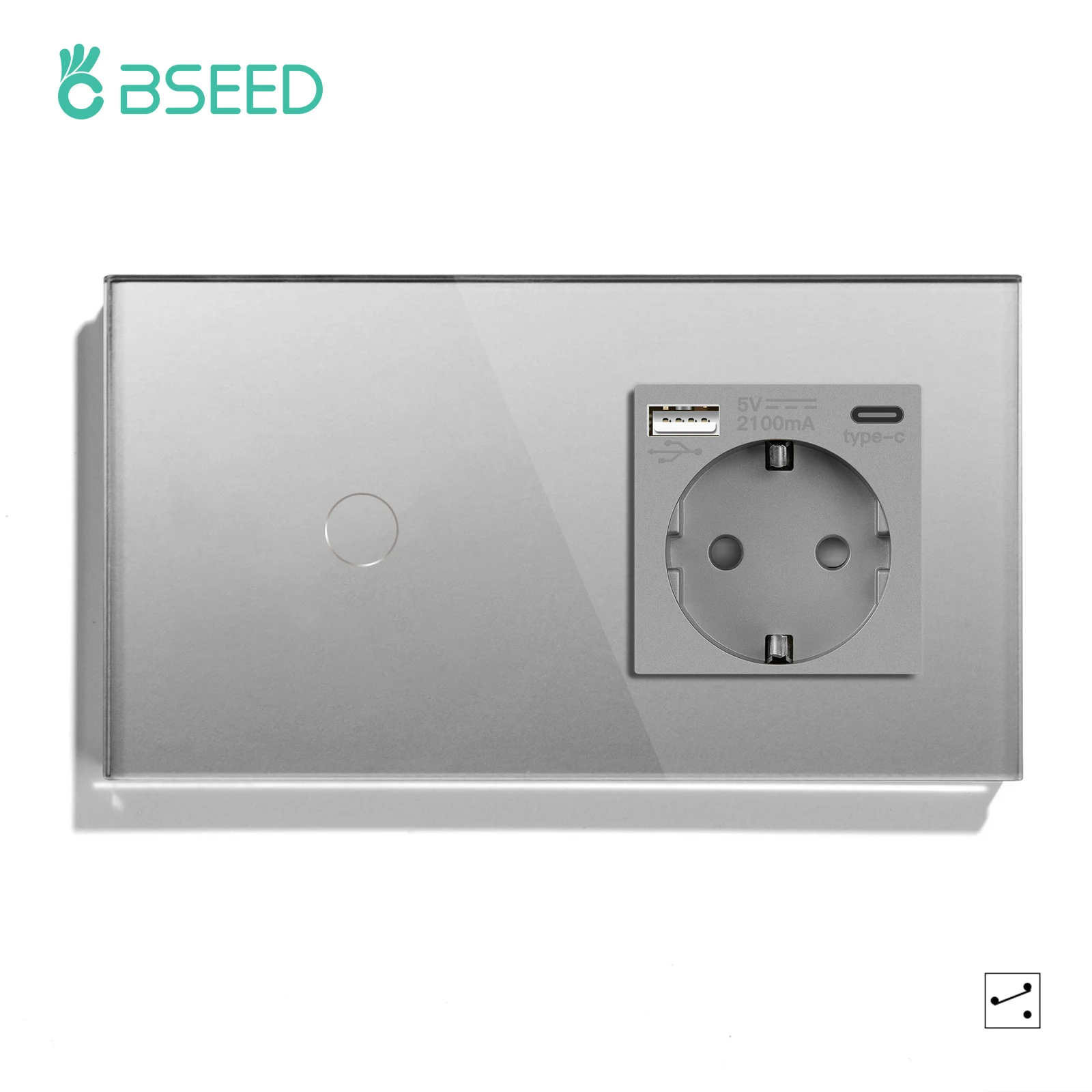 Bseed Wall Touch Light Switch 1/2/3Gang 2-weg lichtschakelaar met EU-aansluiting USB Type-C glazen paneel Blauwe achtergrondverlichting 240V voor trappen
