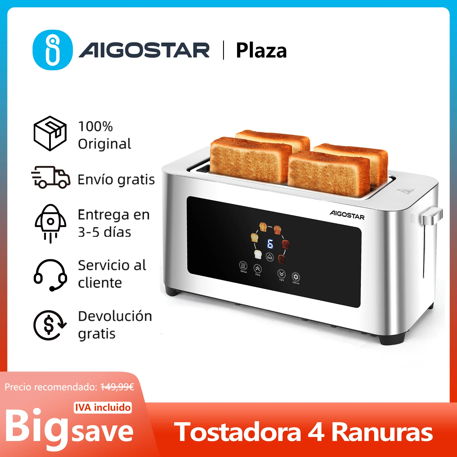 Tostadora, 4 Ranuras Extra Anchas, Pantalla Táctil LED, 6 Niveles de Tostado, 3 Funciones, 1400W, Acero Inoxidable, Libre de BPA