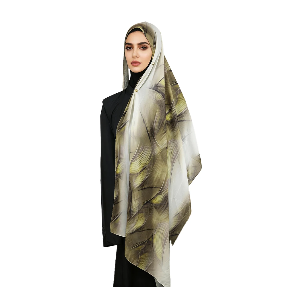Von der Natur inspirierter Chiffon-Hijab mit Blattader-Print in elegantem grau-grünem, seidig glattem und strassfreiem Look2528