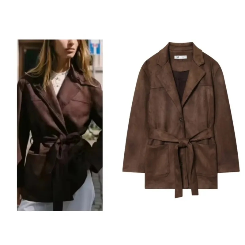 

Women's suede lace up jacket with belt autumn fashion suit collar long sleeved button down short windbreaker jacket
