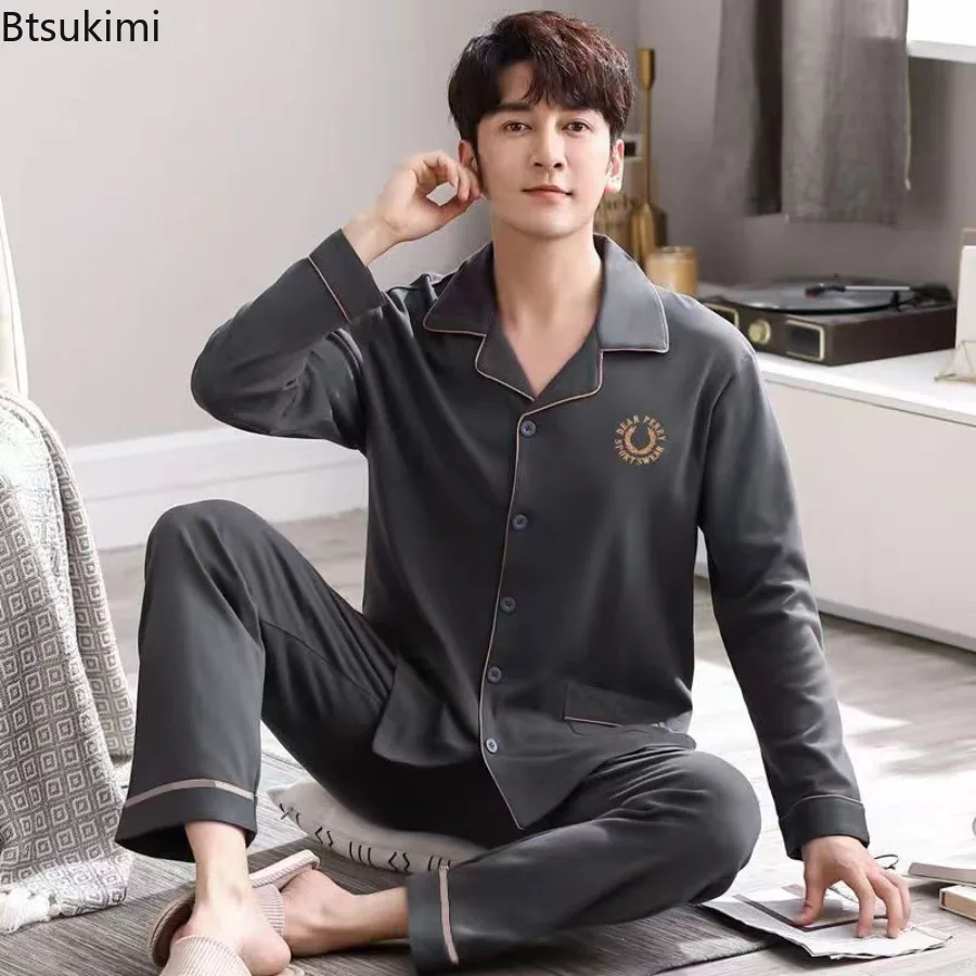 Spring and Autumn Men's Pajamas Sets Simple Casual Lapel Home Wear Set for Men Long Sleeved and Long Pants Male Homewear Suit