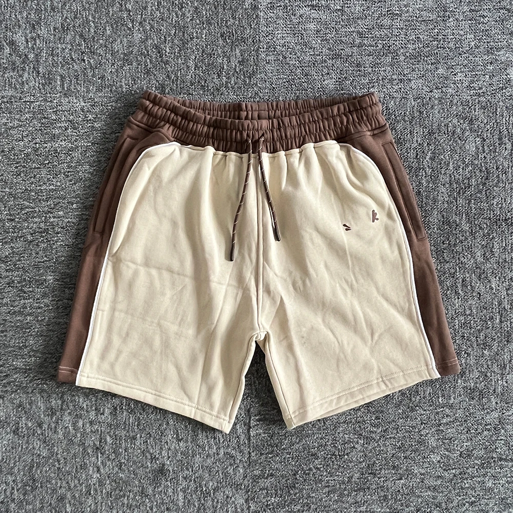 

SY-27 Хлопковые шорты для бега для мужчин, брюки для бега в тренажерном зале, спортивный костюм с капюшоном, коричневые лоскутные шорты со встроенными полосками