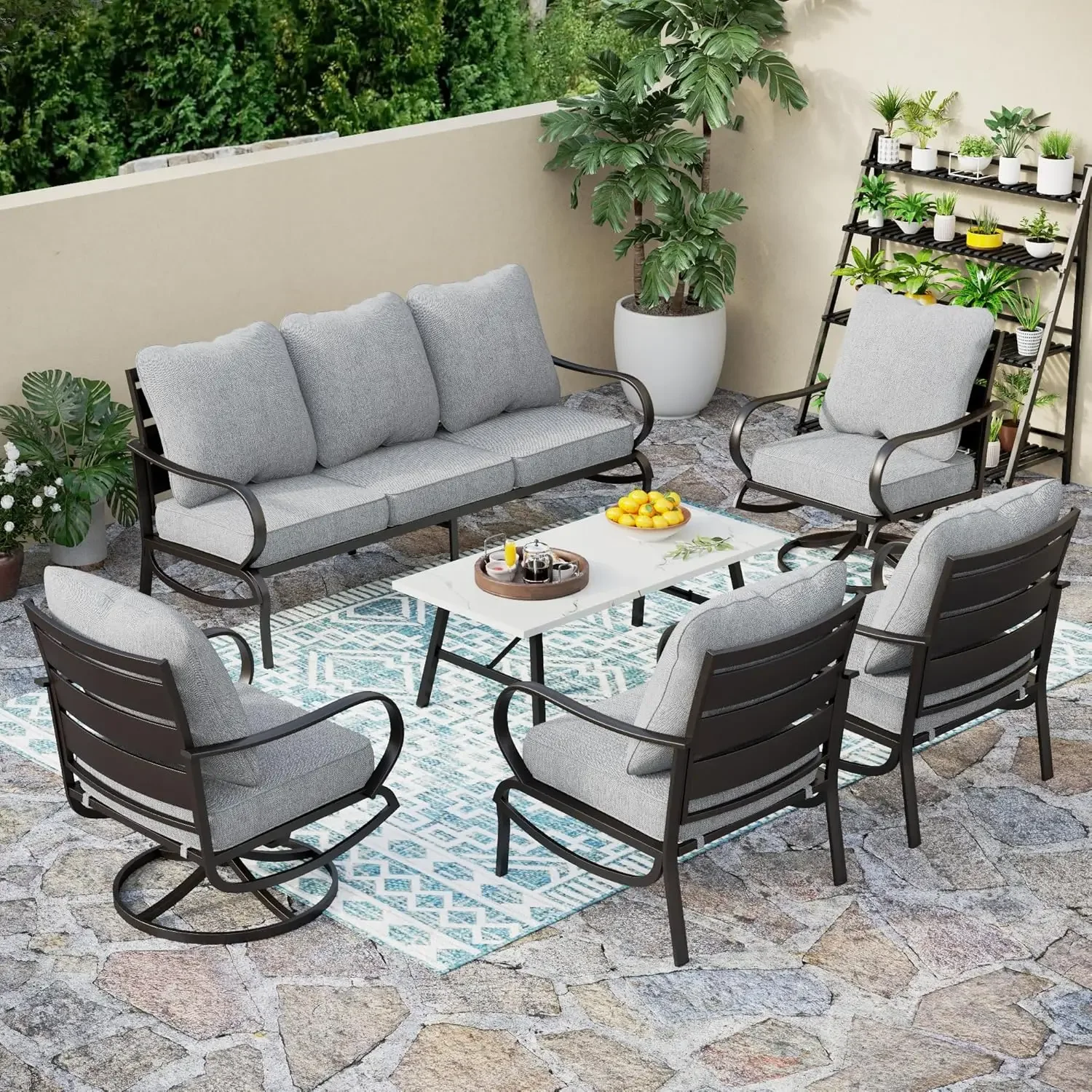 6 Piece Patio Furniture Sets with 1 x 3-Seat Wide Deep Seating Bench, 2 x Swivel Cushioned Sofa Chairs