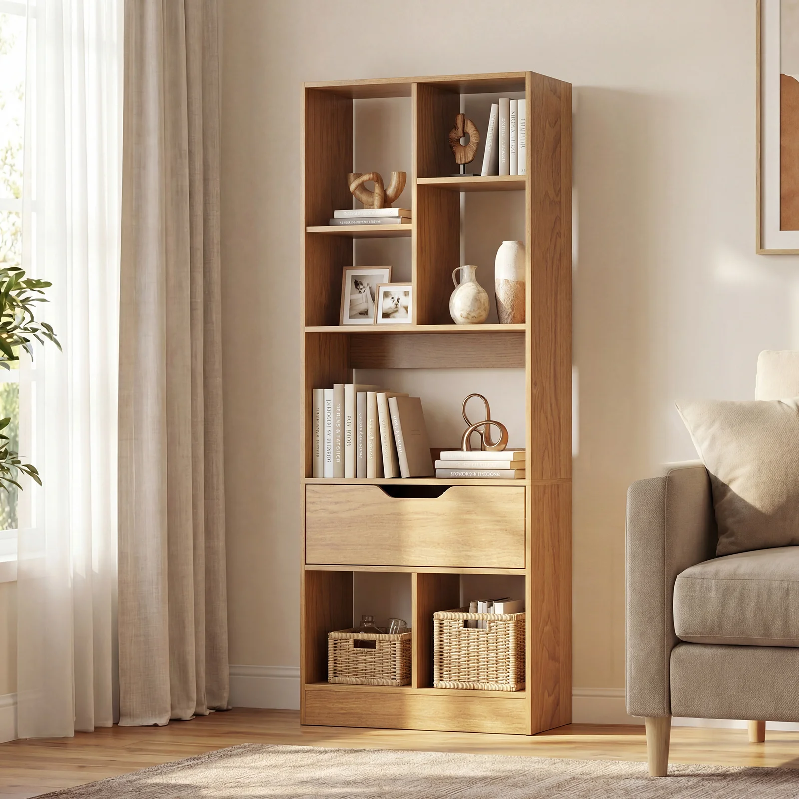 Bookcase with Drawer, 51" Tall Freestanding Storage Organizer with 7 Cubes