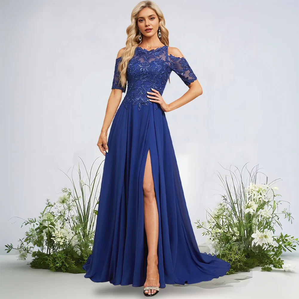 

Luxury Evening Dress A-Line Long Prom Gown 2025 With Cold Shoulder Sleeves Chiffon Lace Sequins Formal Wedding Party Dress