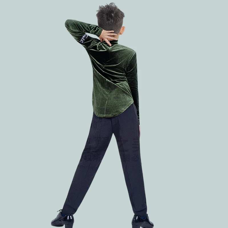 Jungen Latin Dance Kostüm Langarm Samt Tanz Top Cha Cha Rumba Tango Tanzen Outfit Schwarze Hosen Latin Praxis Tragen AMY2866