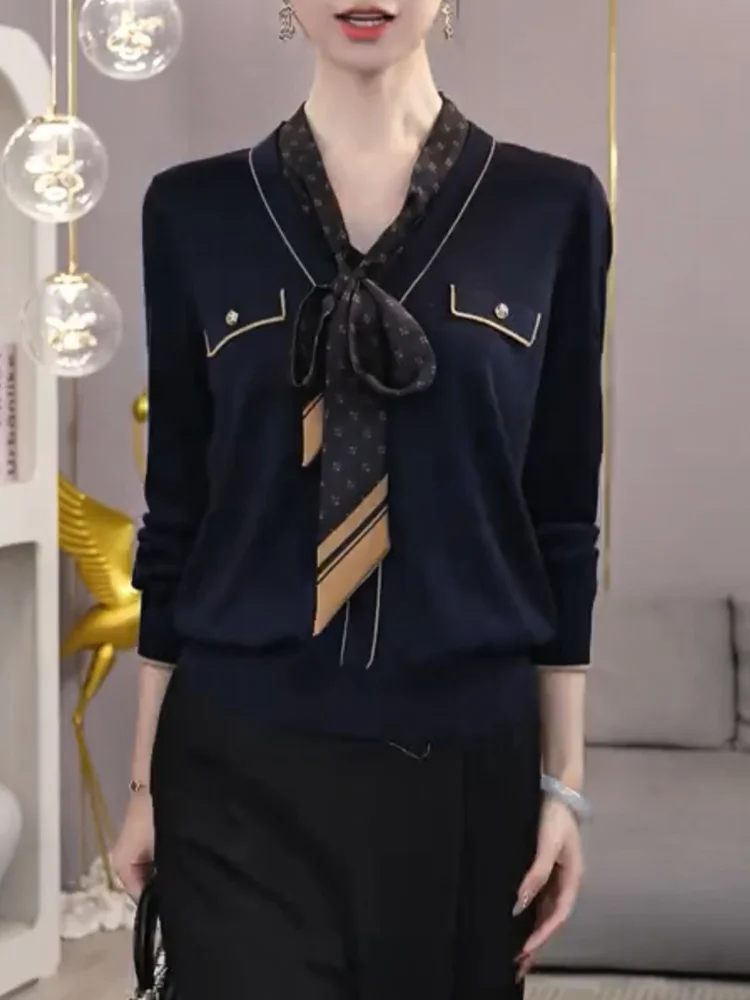 

Женский модный универсальный топ с V-образным вырезом, вязаный, в стиле колор-блок, больших размеров, стройнящий, осенняя новинка