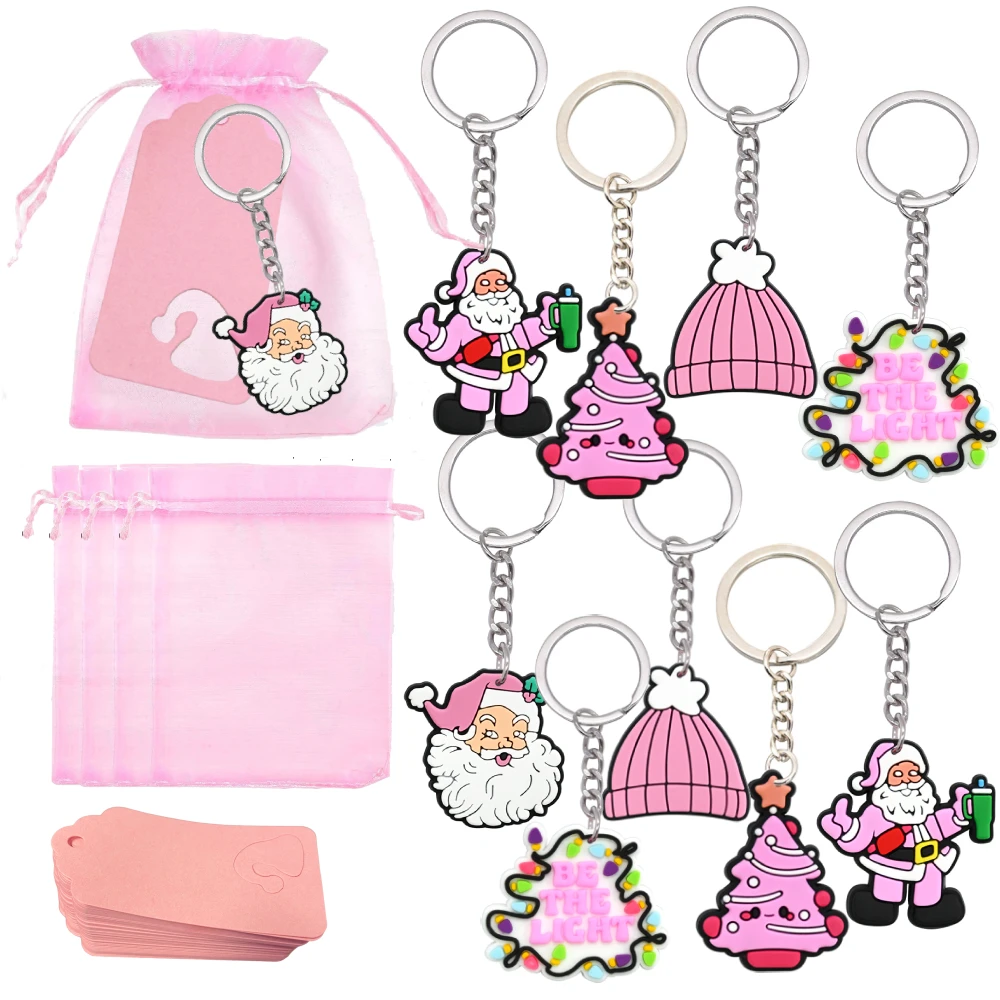 10 Sets,Pink Christmas Party Favors Christmas Keychains with Organza Bags Thank You Tags
