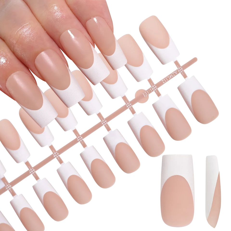 120 piezas de uñas postizas acrílicas francesas medianas y largas, cuadradas, cobertura completa, para mujer, tallas mixtas 5