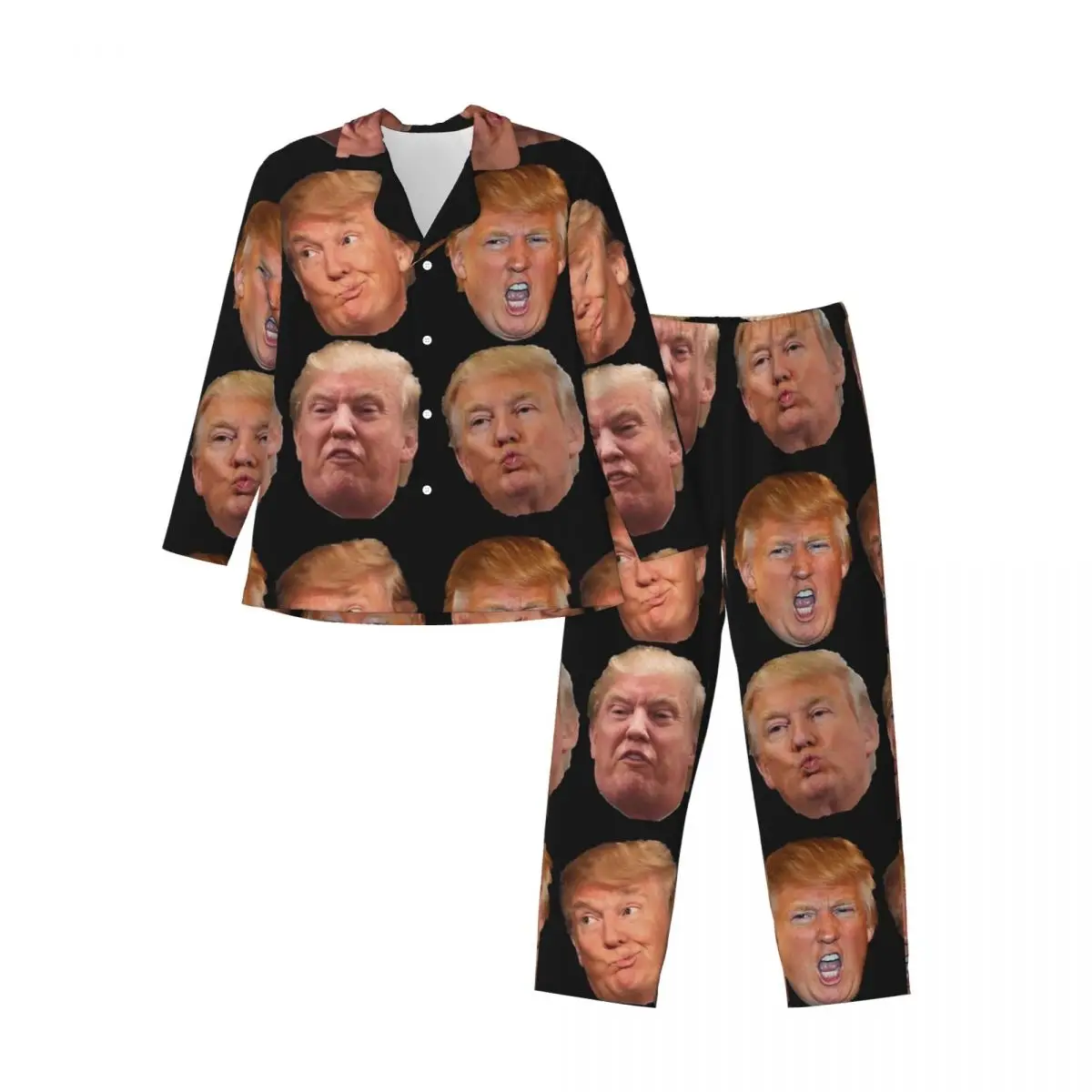 Trump Heads Pajama Sets Autumn Funny Meme Soft Night Sleepwear Male Two Piece Vintage Oversized Design Nightwear Gift