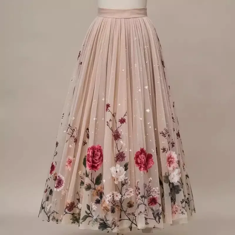 Large Size Frence Aesthetic Flower Printed Mesh Flowing Skirt Women Temperament Sweet A-line High Waist Mid Length Full Skirts