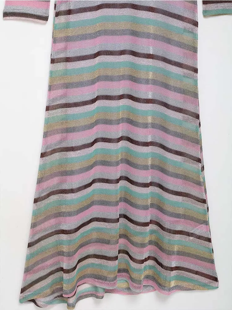 2025 chique elegante moda manga comprida em torno do pescoço listra luz e fino vestido longo feminino verão vestidos de festa à noite