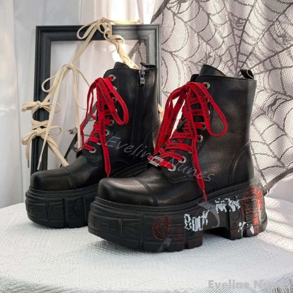 

Tank Platform Punk Boots Women Cross Tied Side Zipper Painted Street Style Mid-calf Boots 2025 Leather Cool Girl Casual Shoes