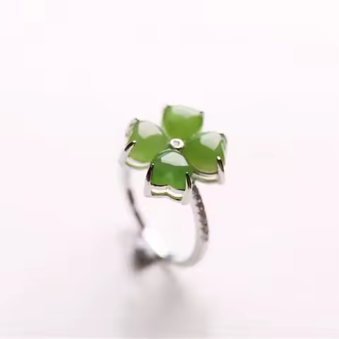 Classic Jade Green Clover Ring For Lady Anniversary Accessories Gift Fashion 925 Sterling Silver Ring Women Jewelry Adjustable