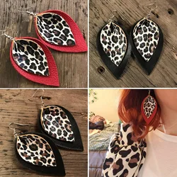 Double Layer Leaf Leather Earrings Leopard Print PU Drop Dangle Lightweight Earring for Women Jewelry Gifts