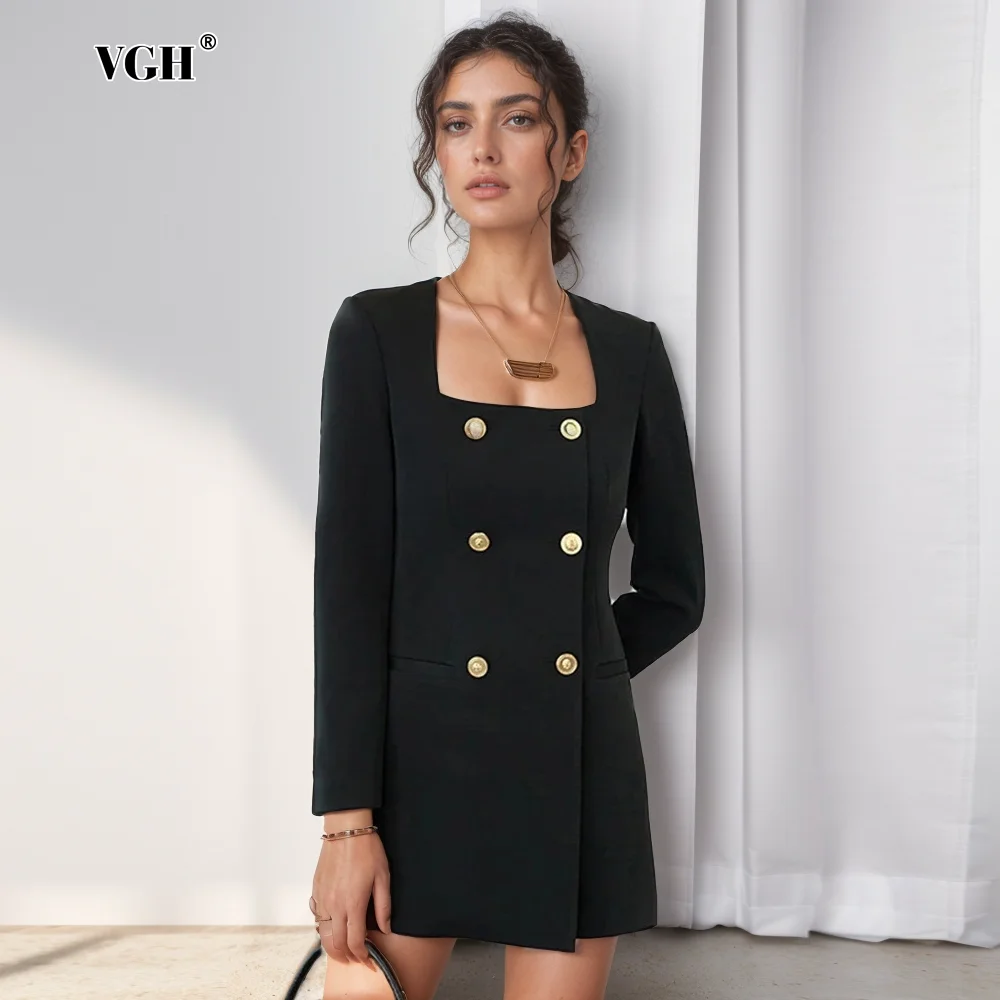 VGH elegante Mini abito per donna colletto quadrato manica lunga vita alta doppio petto abiti donna 2024 stile abbigliamento