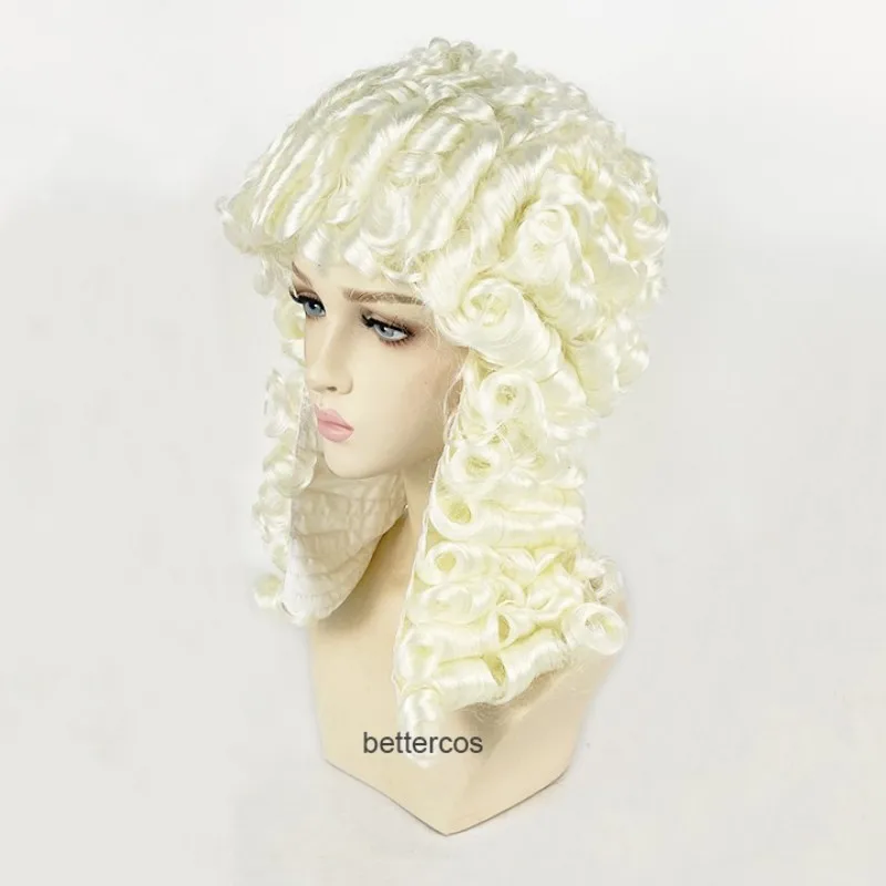 High Quality Synthetic Lawyer Cosplay Wig Beige Judge Baroque Curly Male Cosplay Wigs for Man Halloween Party+Wig cap