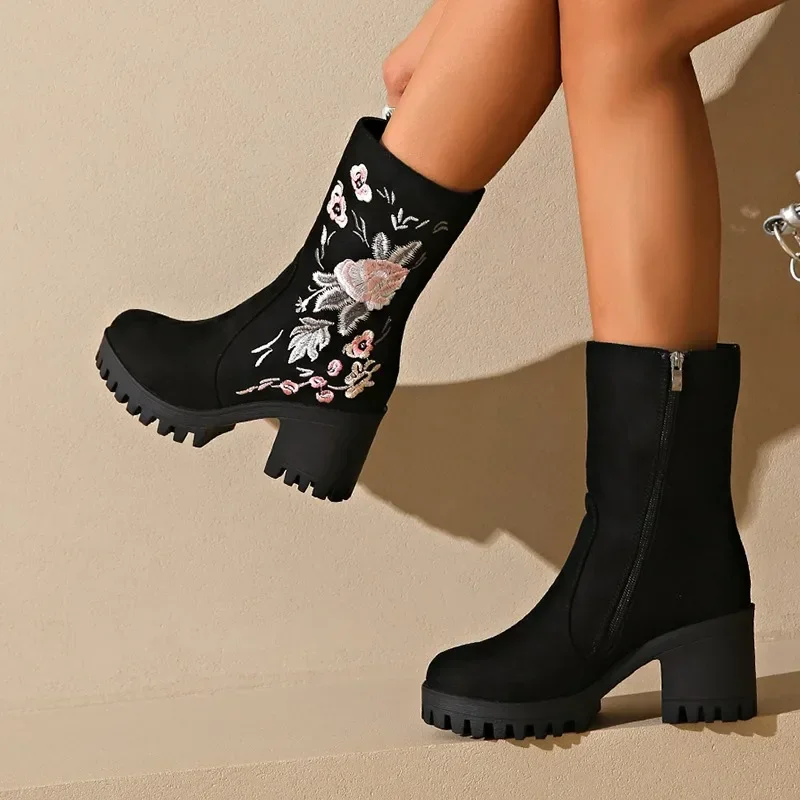 Embroidered Flower High Heels Ankle Boots Suede Chunky Women Shoes 2025 Trend New Elegant Cozy Chelsea Boots Goth