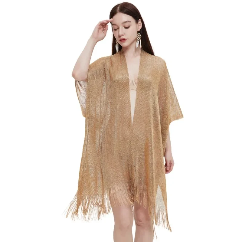 New Cuffed Tassel Cape Solid Summer Transparent Thin Shawl for Women