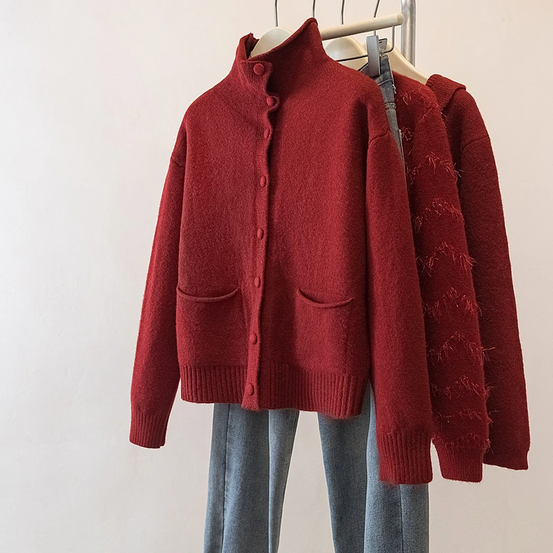 

Свободный вязаный джемпер с высоким воротником и длинными рукавами, осенне-зимняя новинка, большие размеры, женская верхняя одежда в стиле Lazy Style, на пуговицах