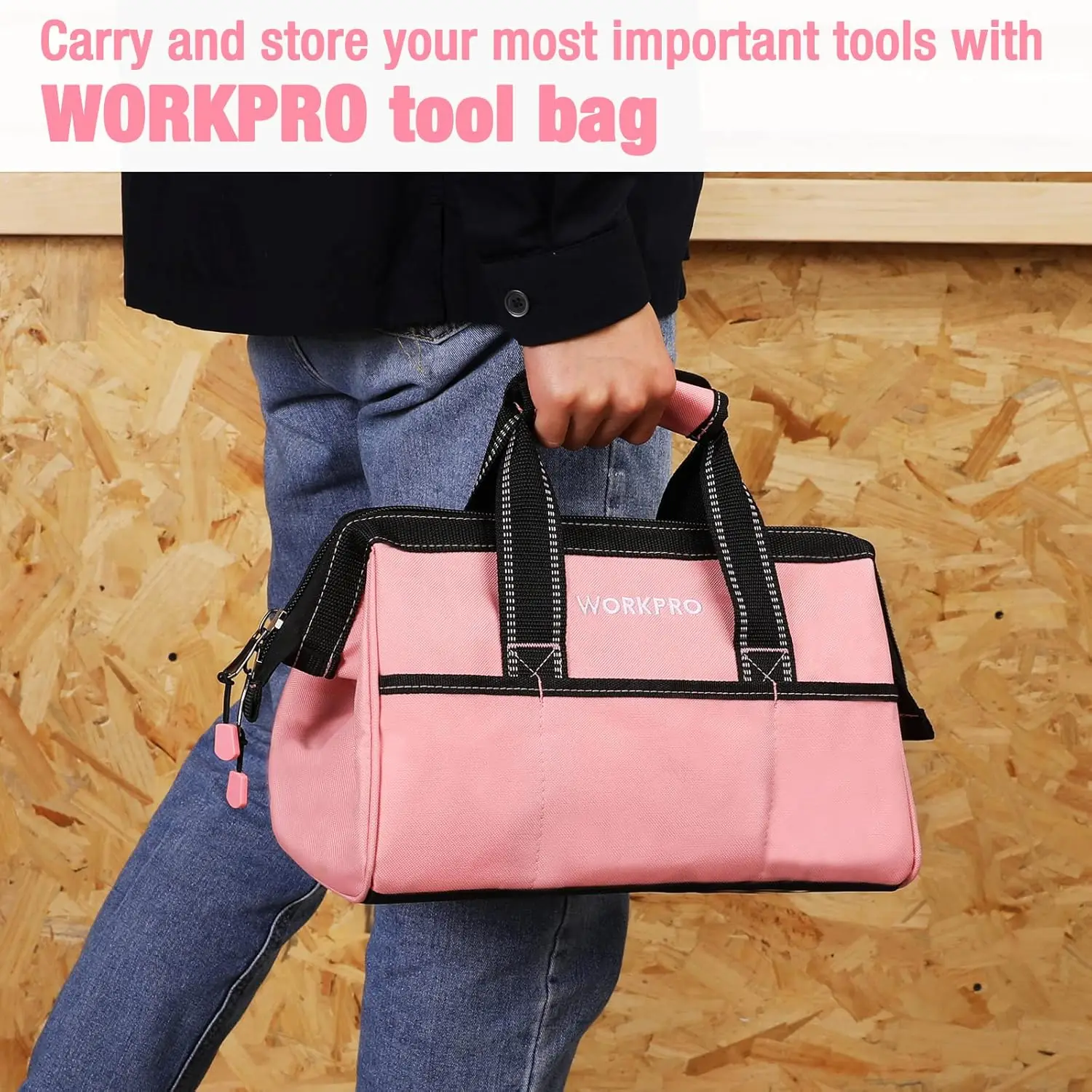 13-inch Tool Bag+52-Piece Pink Tools Set for Women Resistant 600D Polyester Fabric W/ Fine Stitching & Sturdy Double-pull Zipper