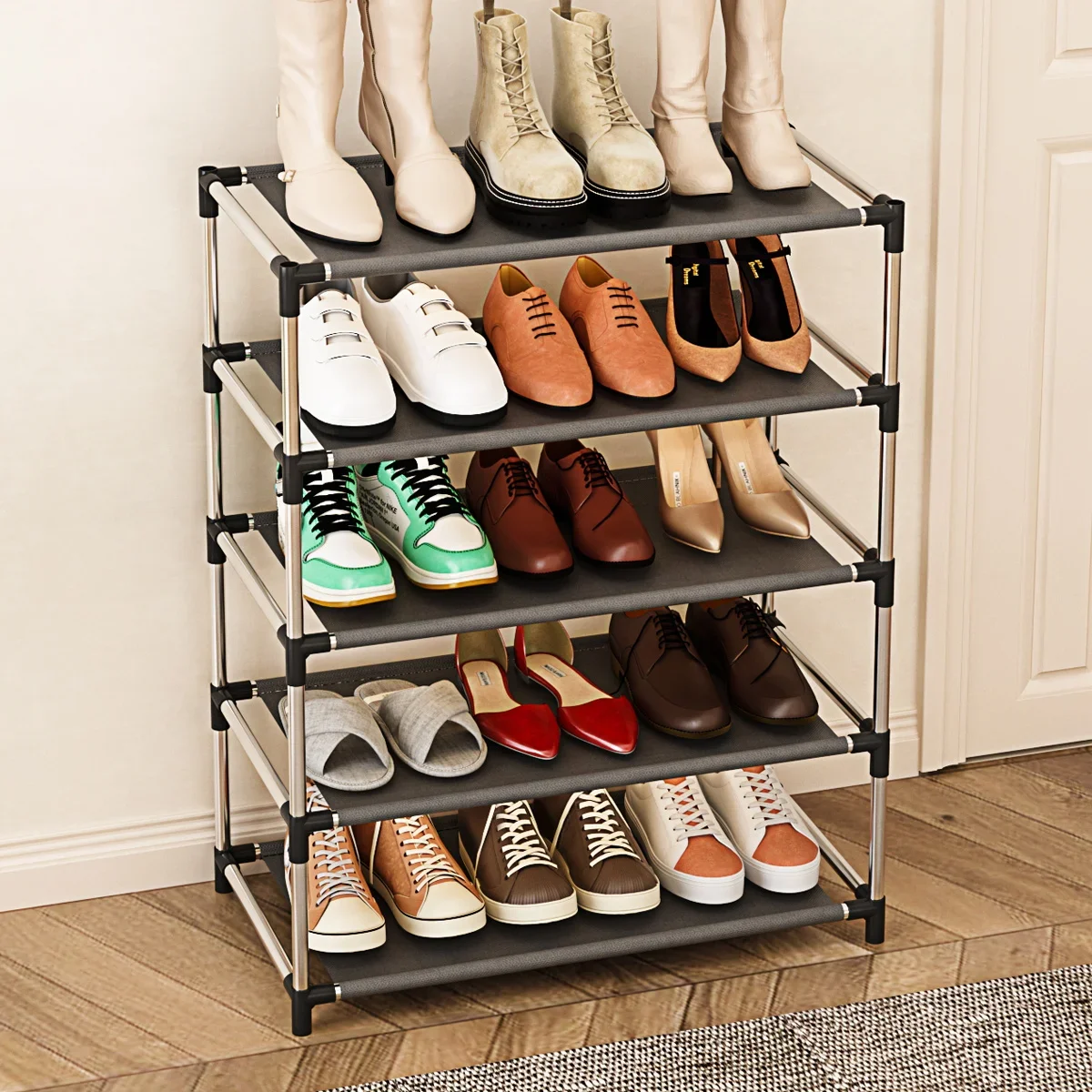 Stylish Metal Shoe Rack, Simple Shoe Shelf, Footwear Organizer, Stand Holder, Space-saving Black Shoe Shelf for Living Room